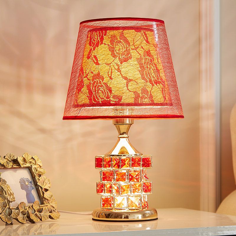 1 Head Rose Printed Fabric Table Lamp Vintage Romantic Red/Gold Dual Cone Shade Night Light with Cube Crystal Base