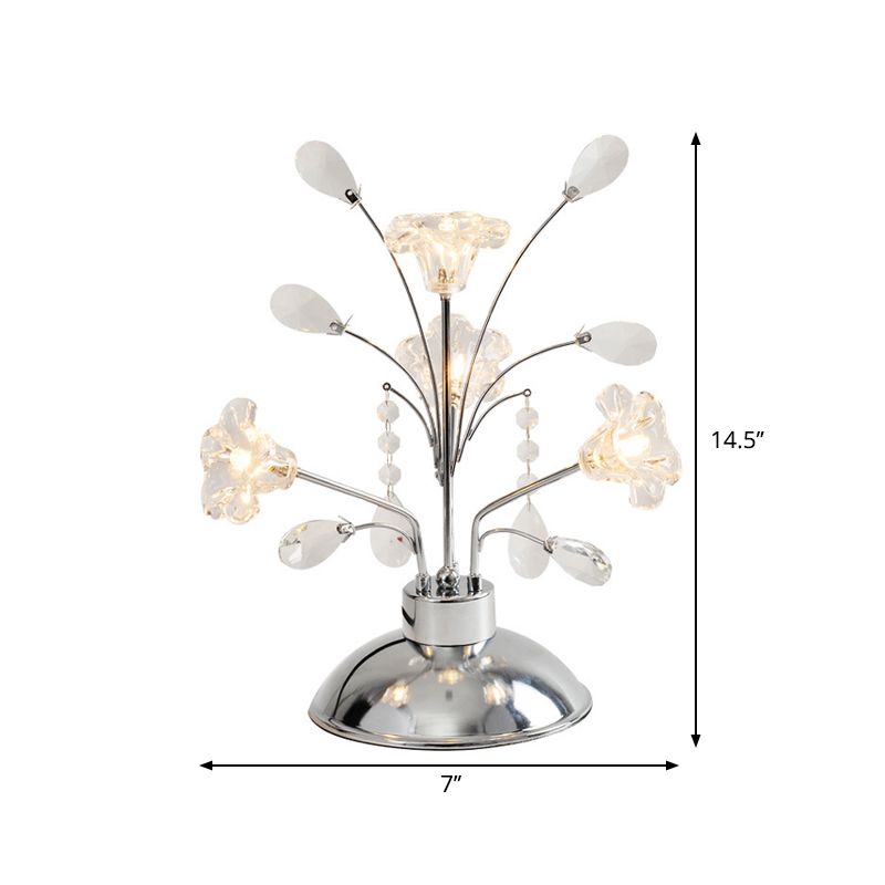 Branching Bedroom Table Light Contemporary Clear Crystal Teardrops 4 Heads Chrome Nightstand Lamp with Lily Shade