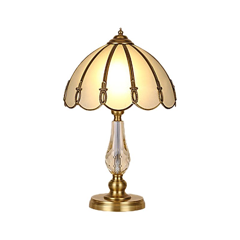 1 Bulb Night Table Lamp Vintage Scalloped Shade Beige/Frosted Glass Nightstand Light in Gold with Clear Crystal Accent