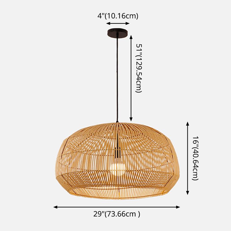 Round Pendant Lighting Fixture Asian Style 1-Bulb Wood Suspension Light for Balcony