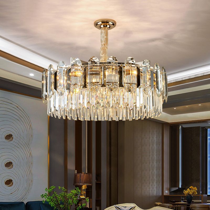 Drum Shaped Pendant Chandelier Contemporary Clear Crystal Hanging Light Fixture for Living Room