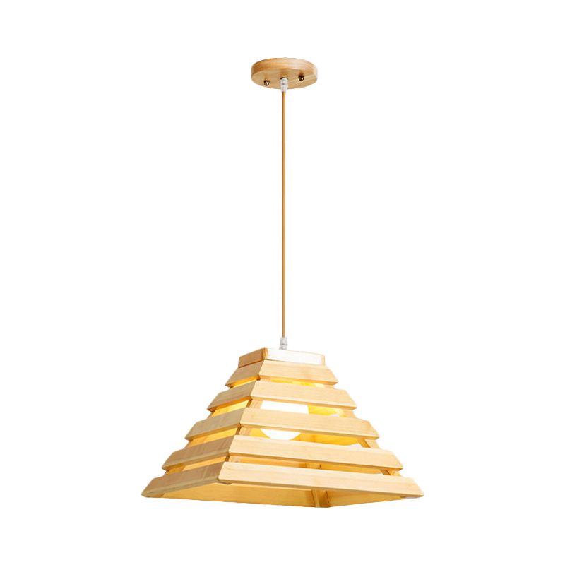 Pyramid Suspension Light Asias Wooden 1 Bulb Table Pendant Lighting With Cage Design in Beige