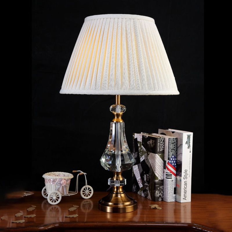 1 Light Conical Night Table Lamp Simple Cream Gray Fabric Nightstand Light with Crystal Base