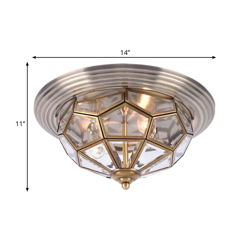 14"/18" W Prism Bedroom Flush Mount Light Colonial Clear Beveled Glass 2/3 Bulbs Brass Close to Ceiling Lamp