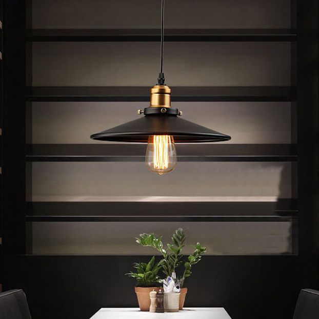 Black 1 Light Pendant Light Industrial Retro Tapered Shade Metal Hanging Lamp  for Dining Room