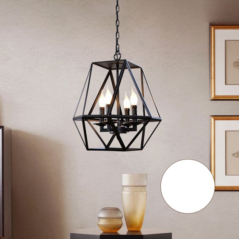 Wrought Iron Black Pendant Light in Industrial Vintage Style Geometric Adjustable Ceiling Light with Iron Frame