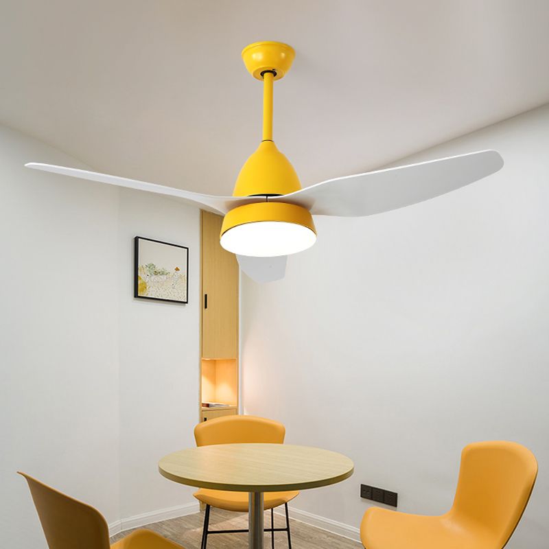 Modern 50" W LED Ceiling Fan Lighting with Acrylic Shade Grey/Yellow/Green Cone Semi Flush Lamp over Dining Table, 3 White Blades