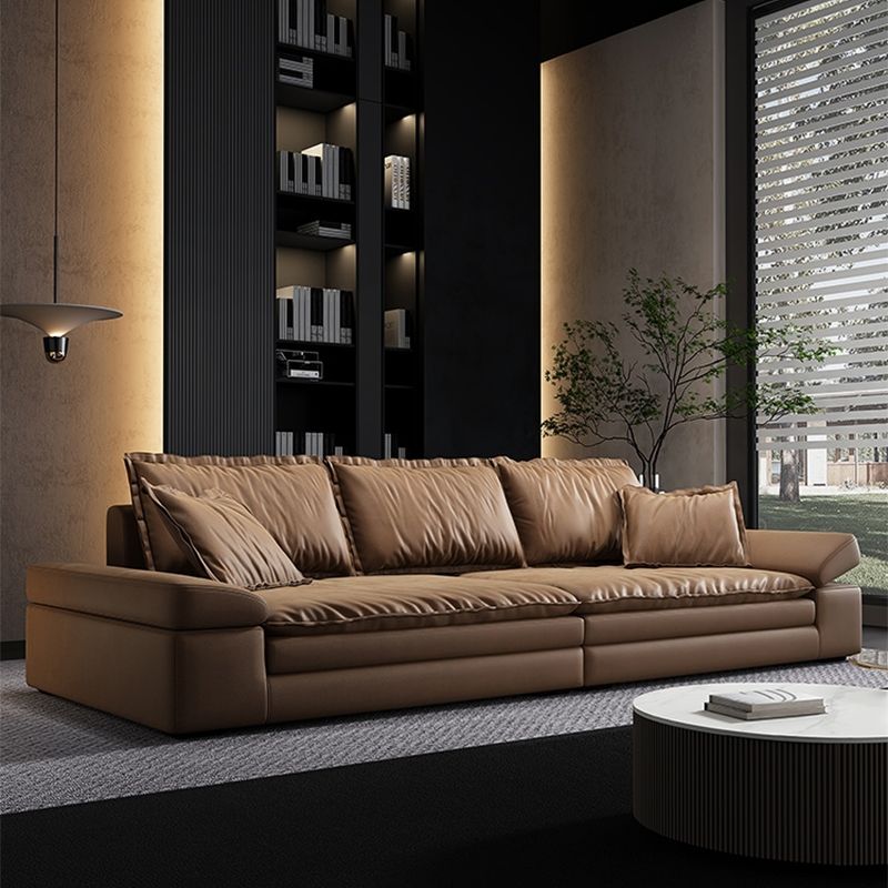 Modern Faux Leather Sectional Tan Cushion Back Sofa for Living Room