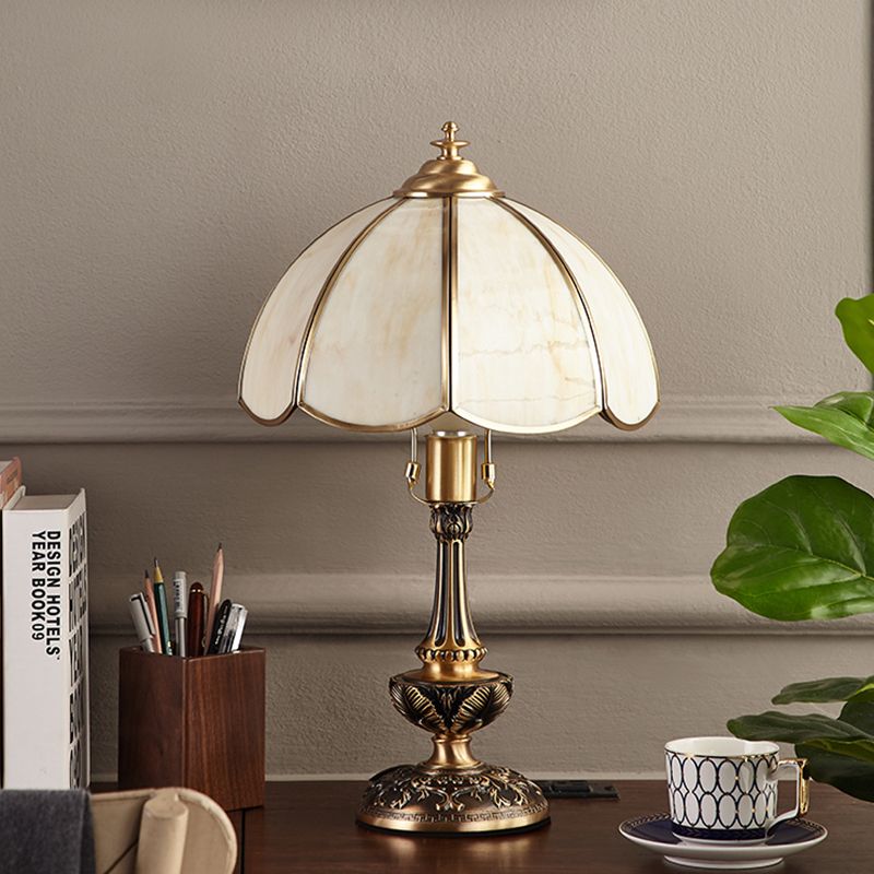 Golden Scalloped Nightstand Lamp Rustic Cream Glass 1 Light Bedroom Table Light with Base