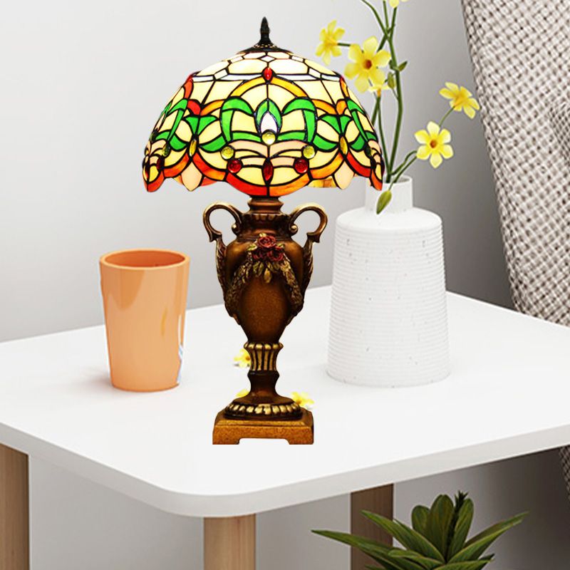 Yellow/Green Domed Desk Lighting Mediterranean 1 Light Hand Cut Glass Blossom Patterned Night Lamp with Trophy Base