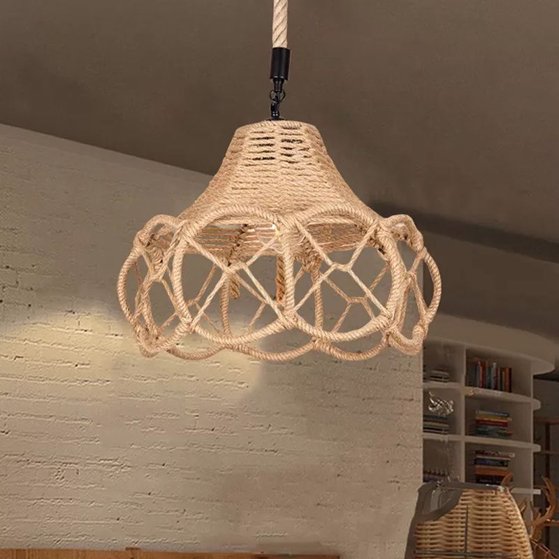 Brown Single-Bulb Pendant Light Fixture Lodge Hemp Rope Hand-Knit Floral Hanging Ceiling Light