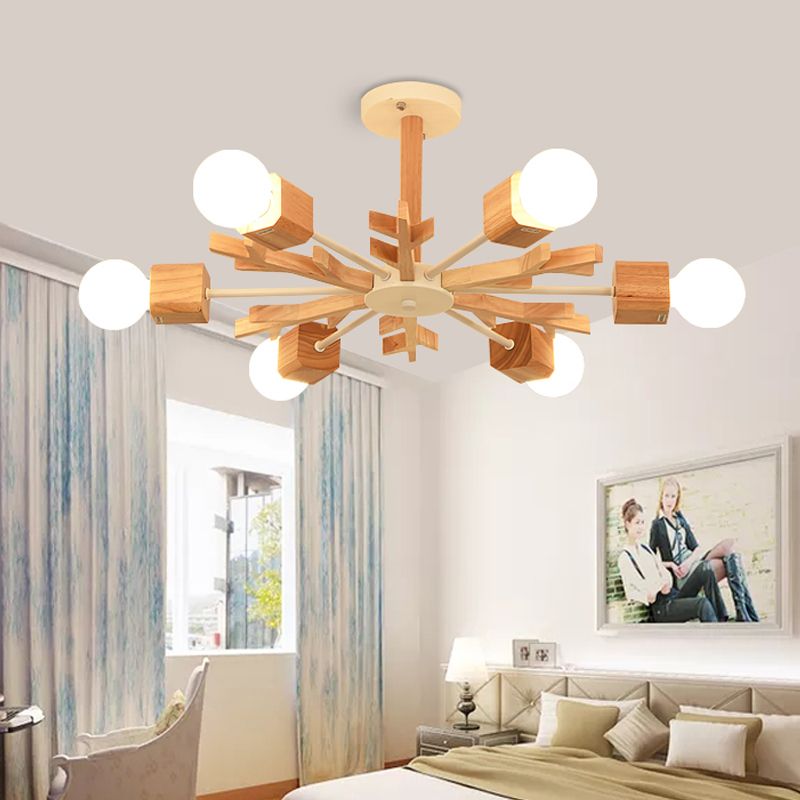 Nordic Starburst Semi Flush Light Wood 3/6 Heads Living Room Ceiling Mount Chandelier with Exposed Bulb Design