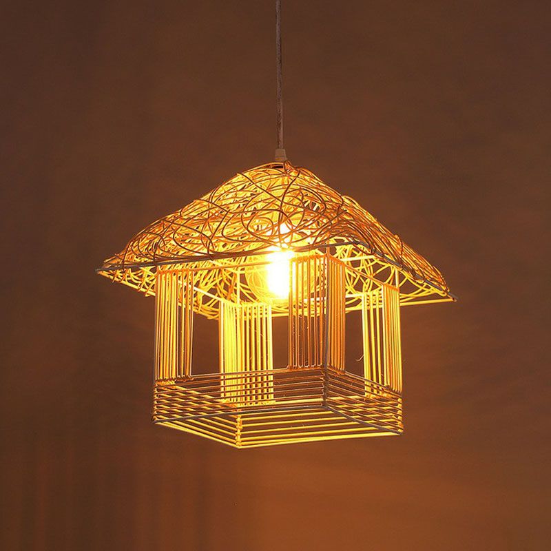 House Shaped Tea Room Pendant Light Bamboo Single-Bulb Contemporary Suspension Light Fixture