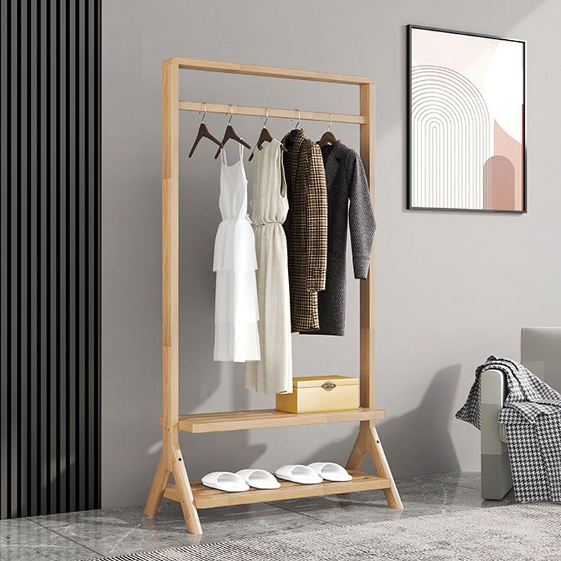 Contemporary Style Coat Hanger Solid Wood Double Shelves Coat Rack for Living Room