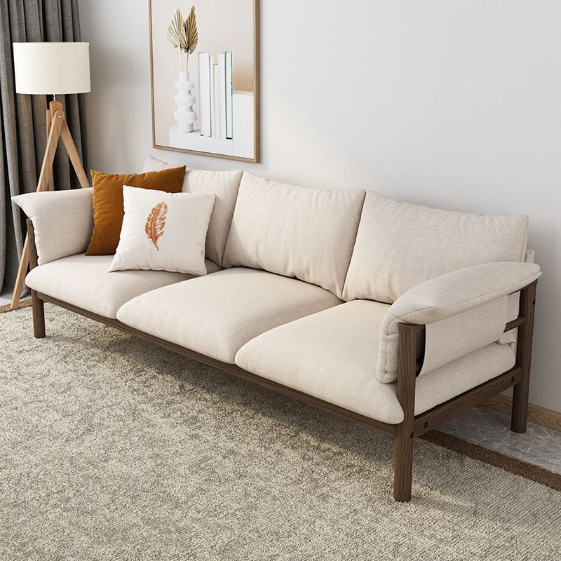 Beige Linen Modern Square Arm Sofa Wooden Standard Sofa for Living Room