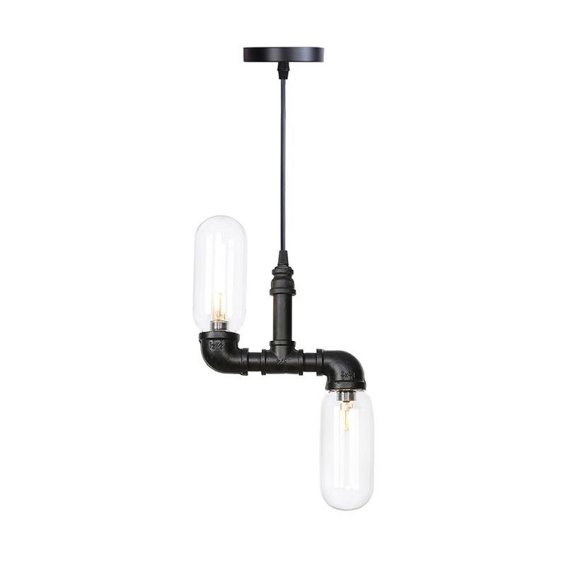 Clear Glass Capsule Shade Pendant Antiqued 2-Head Coffee Shop LED Ceiling Chandelier in Black with Pipe Design