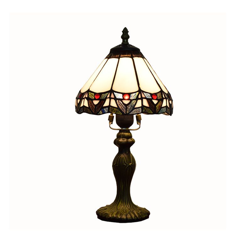 Stained Glass White Table Lamp Conical Shade 1 Head Antique Nightstand Lighting for Bedroom