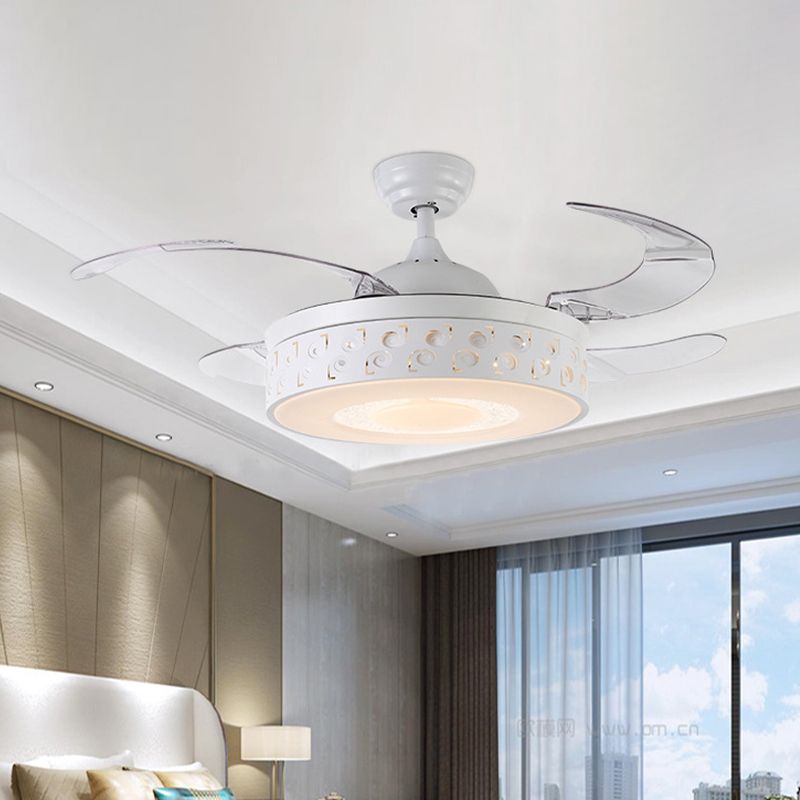 Drum Metal Pendant Fan Light Modern LED 42" W Bedroom Semi Flush Mount Lighting in White with Remote/Wall Control/Frequency Conversion and Remote Control, 4 Blades