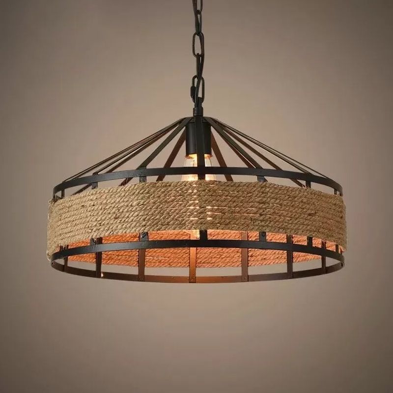 1 Light Pendant Light Kit Industrial Dining Room Rope Hanging Lamp with Barn Metal Shade in Black