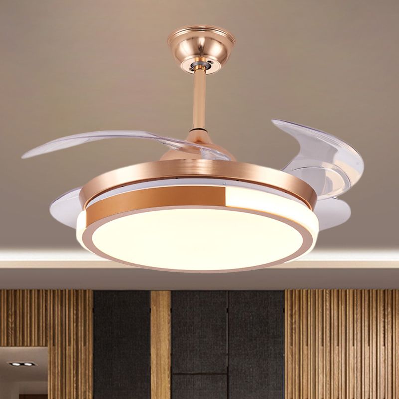 Modernist Round Hanging Fan Light Metallic Living Room LED Semi Flush Mount in Brown/White/Gold with 4 Blades, 42" Wide