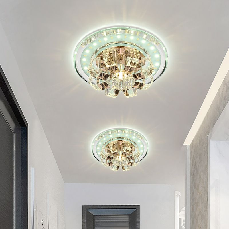 Round Flush Ceiling Light Contemporary Beveled Crystal LED Corridor Flush Mount Fixture in Chrome