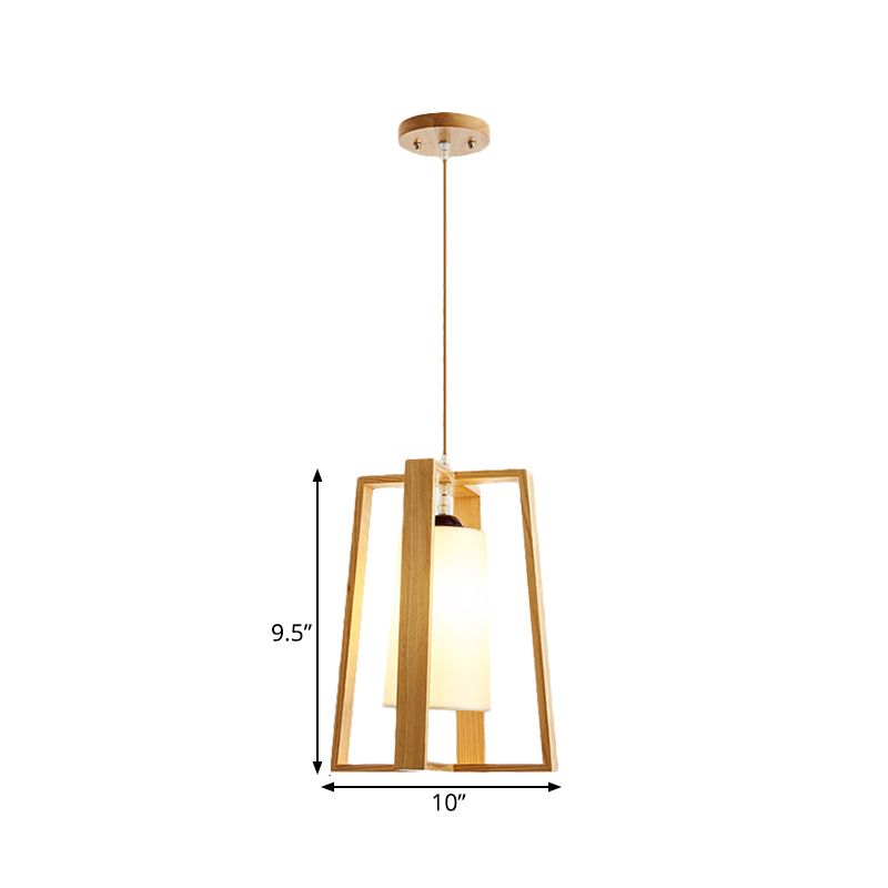 Cross Trapezoid Frame Pendant Asian Wooden 1-Light Dining Table Hanging Ceiling Light with Tapered Fabric Shade