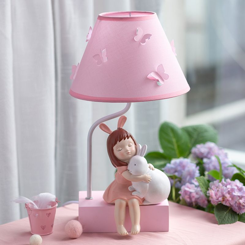 Cartoon Conical Fabric Night Lamp 1 Head Table Light in Pink with Girl Rabbit Design and Wood Base