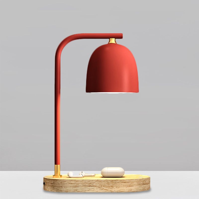 Minimalist 1 Head Nightstand Light Black/White/Red Finish Dome Wooden Night Lamp with Metallic Shade