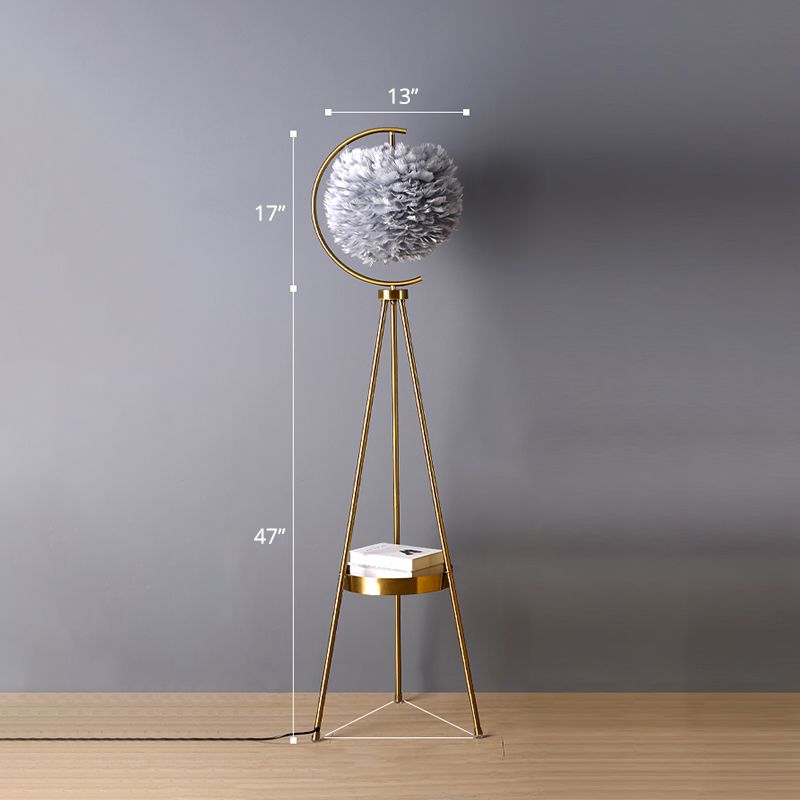 Postmodern Spherical Floor Light Feather 1 Head Living Room Standing Lamp with Tripod Tray