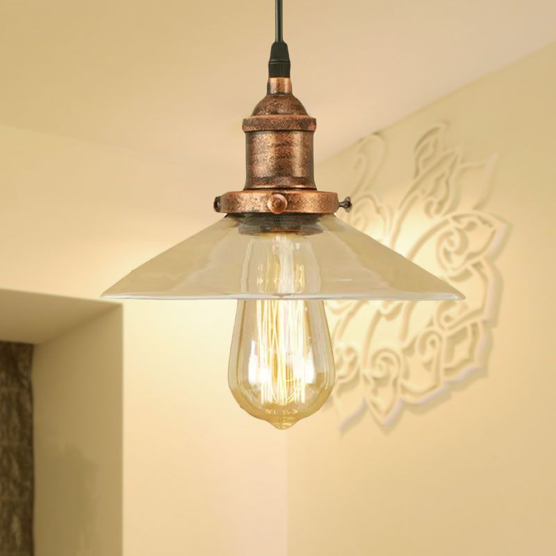 1 Light Clear Glass Pendant Lamp Industrial Black/Rust/Copper Cone Living Room Hanging Light Fixture