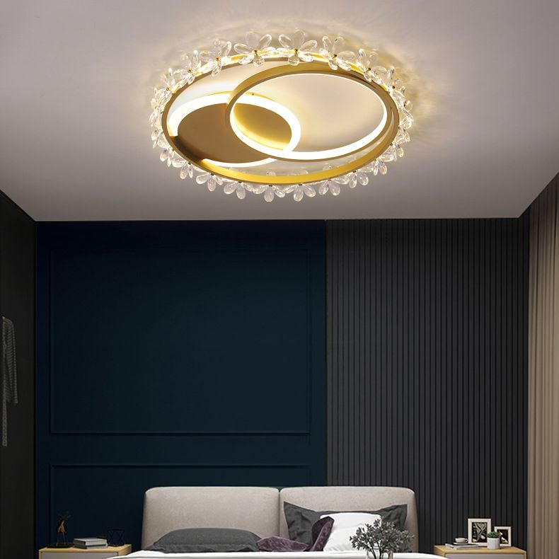 Modern Round Ceiling Mount Light Fixture Crystal 2-Light Ceiling Light Fixture