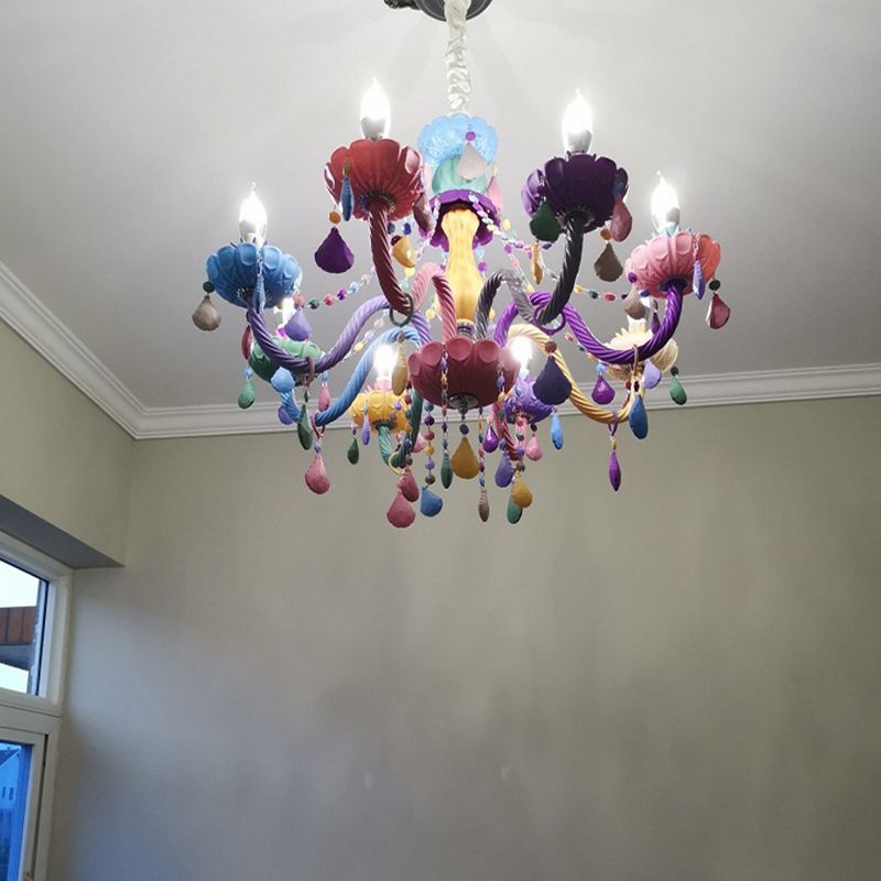 Bougie Baby Room Chandelier Metal Macaron Suspension Lumière avec des rideaux en cristal