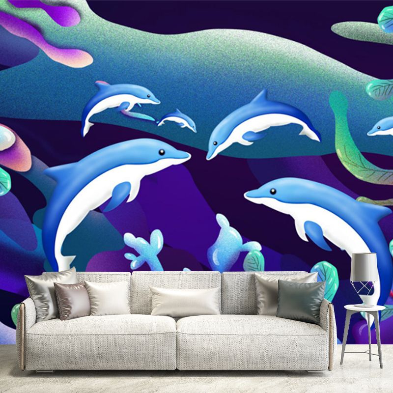 Kids Undersea Dolphin Wallpaper Mural Blue-Green Waterproof Wall Covering for Home