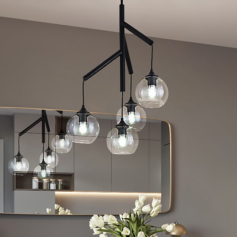 Metal Branch Chandelier Lamp Contemporary 4 Lights Black Hanging Pendant Light with Clear Glass Round Shade