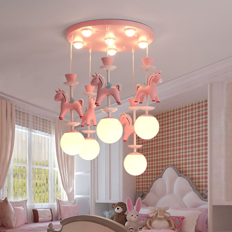 Merry-Go-Round Multi Ceiling Lamp Kids Metallic Nursery Suspension Light Fixture with Unicorn Decor