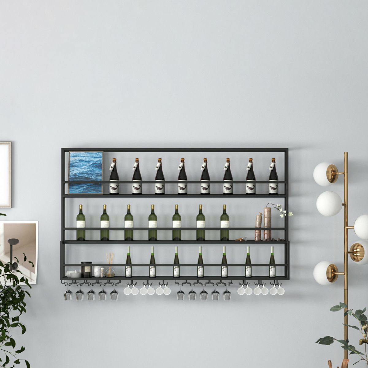 Modern Metal Wine Rack Wall Mounted Wine Bottle & Glass Rack for Living Room