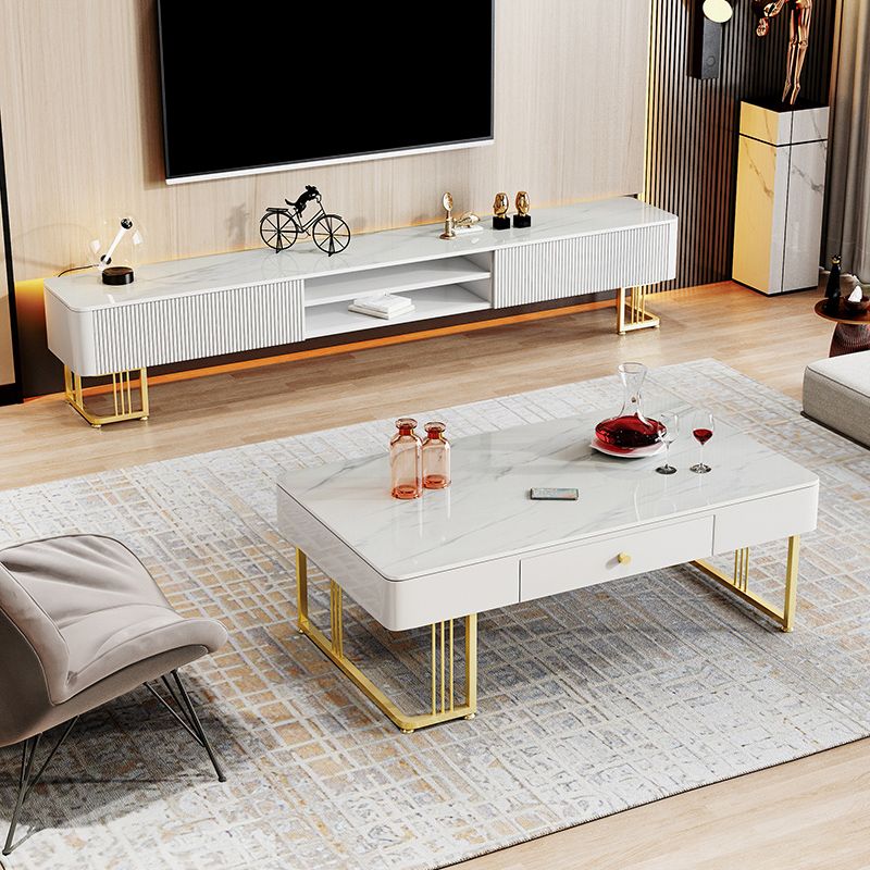 Glam Style Stone TV Stand Open Storage TV Console with 2 Drawers