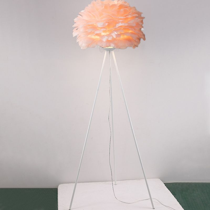 Dome Feather Floor Lamp Minimalist Single Grey/White/Pink Floor Light with Black/White/Gold Tripod for Bedroom