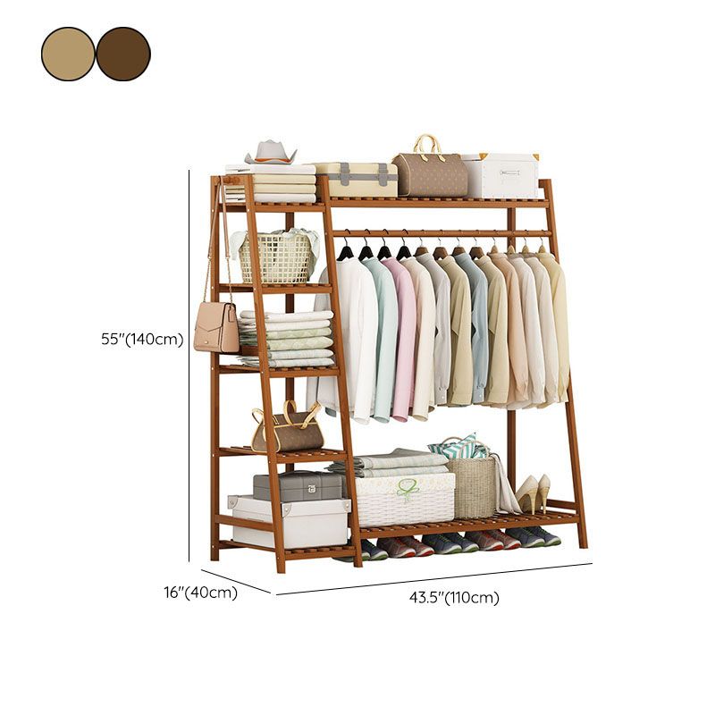 Modern Coat Rack Solid Wood Double Hooks Clothes Hanger with Storage Shelving