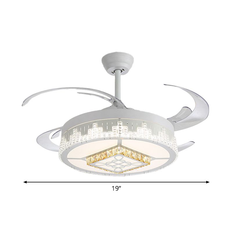 Nordic Round 4-Blade Semi Flush Light Fixture Crystal Living Room LED Hanging Fan Lamp in White, 19" Wide