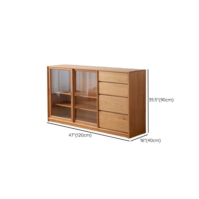 Scandinavian Pine Display Stand Glass Doors Storage Cabinet with Drawers for Living Room