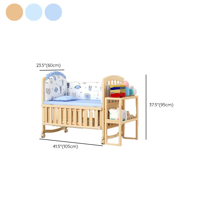 Solid Wood Convertible Crib in Natural Wooden Crib with Wheels and Storage