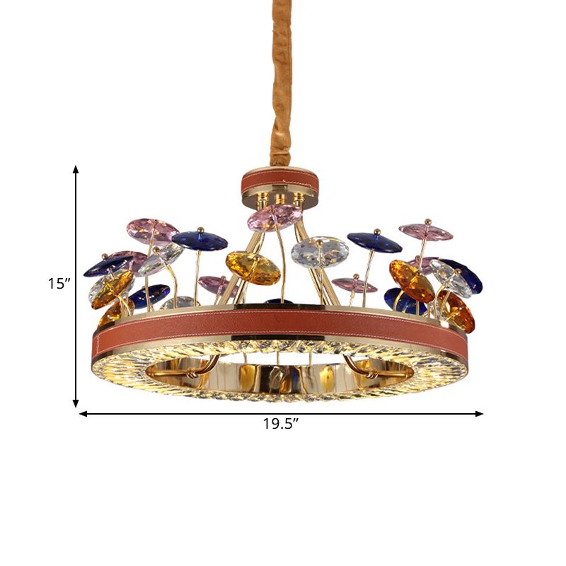 Red Hoop Chandelier Pendant Light Macaron Crystal Bedroom 19.5"/23.5" W LED Hanging Lamp with Colorful Mushroom Decor