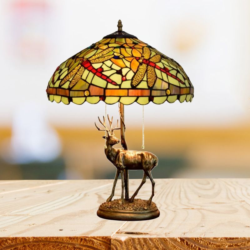 Dragonfly Stained Glass Night Light Mediterranean 2-Bulb Yellow/Orange/Green Table Lamp with Pull Chain and Elk Decor