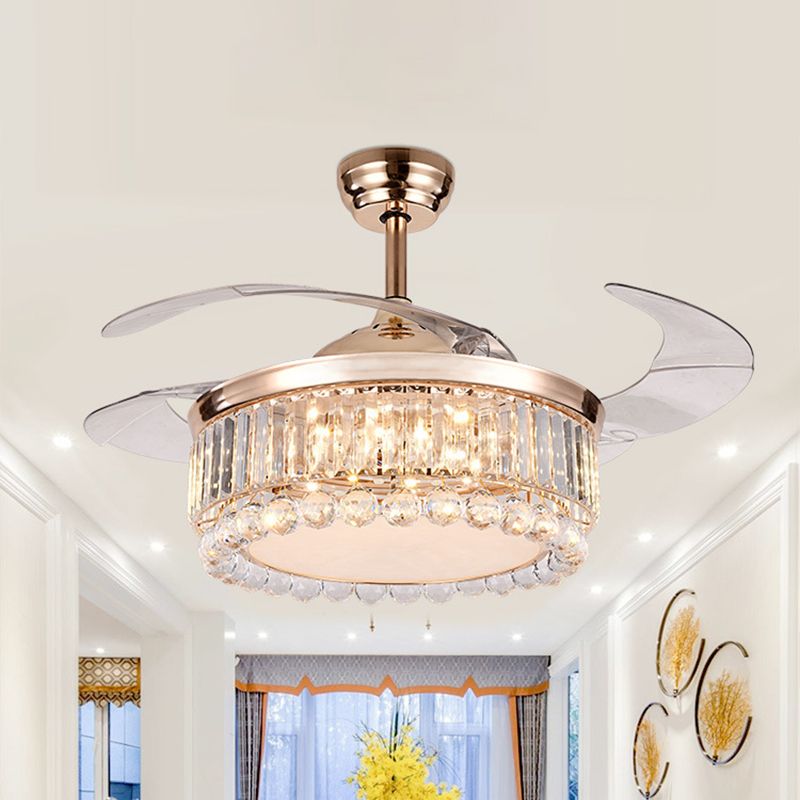 Drum Hanging Fan Lighting Contemporary Crystal Block and Orbs 19" W LED Parlor Semi Flush Mount in Gold, 4 Blades