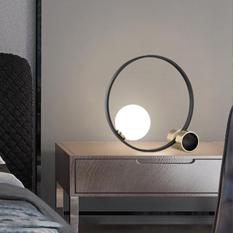 1 Bulb Circle Desk Light Modern Metal Nightstand Lamp in Black with Milk Glass Shade