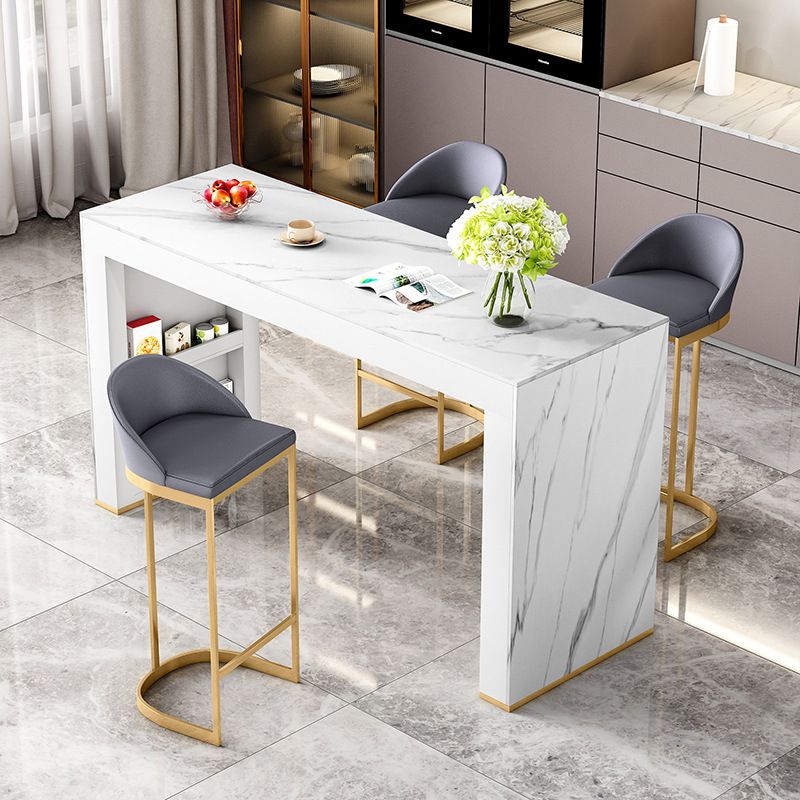 Glam Wood Bar Dining Table with White Stone Top Rectangle Indoor Bistro Table