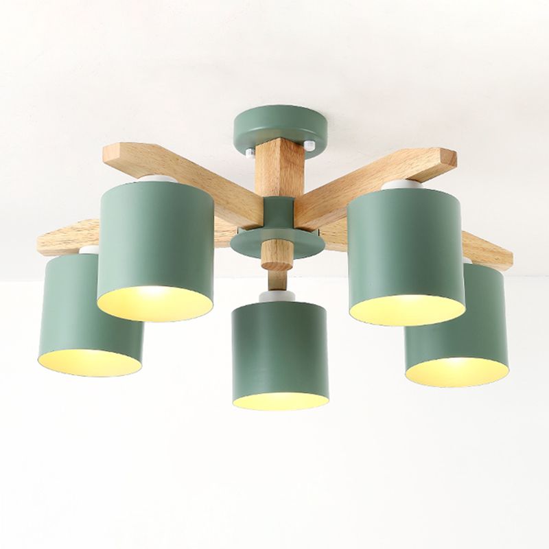 Modern Concise Macaron Semi Flush Mount Wooden Sputnik Ceiling Light with Wrought Iron Shade