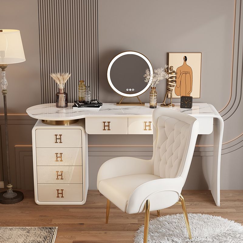 Modern Wood Vanity Table Set with Mirror and Stool Glam Slate 7 Drawers Dressing Table