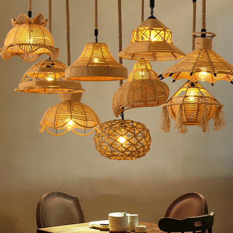 Hand-Woven Hemp Rope Pendant Country Style 1 Head Dining Room Suspension Light in Beige